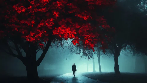 Solitary figure under blazing red canopy in foggy park.