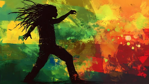 Silhouetted dancer with dreadlocks in vivid abstract color field