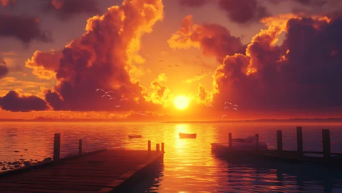 Sunlit pier overlooks blazing clouds above calm water.