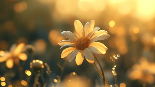 Single daisy glows under golden sunset bokeh light field