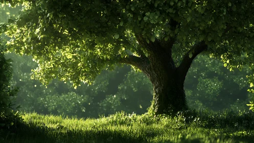 Photorealistic arboreal study under dappled woodland light.