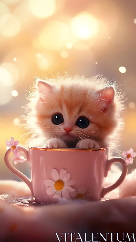 Fluffy White Kitten in Pink Teacup with Flowers.