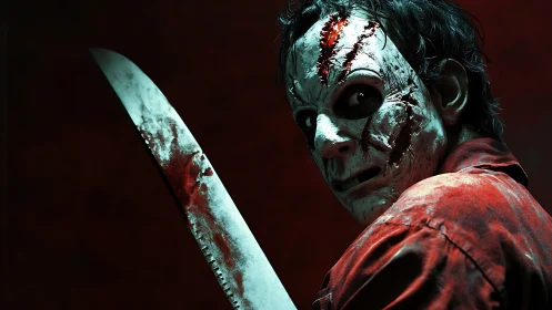 Masked horror figure holding a large bloody knife.