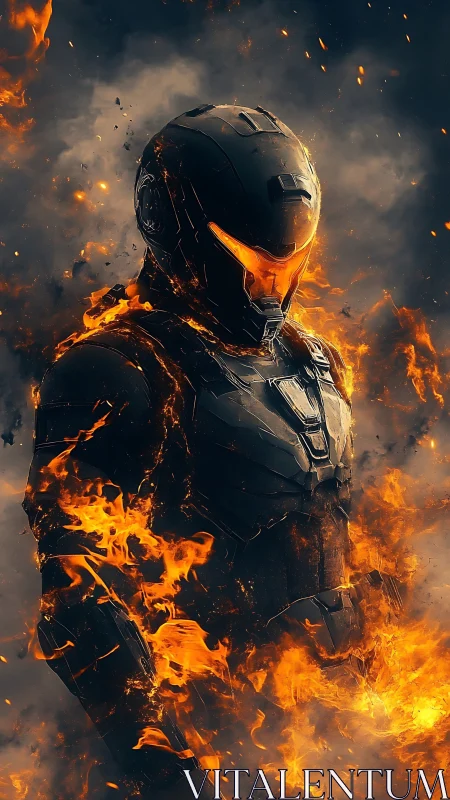 Thermally stressed combat exosuit amid turbulent flame field.