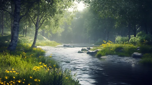 Forest river with birch trees and yellow wildflowers at daylight.