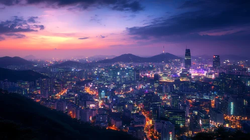 Neon night skyline over sprawling modern mountain city.