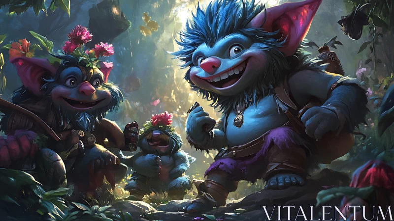 Small blue forest creatures with flowers in foliage clearing.