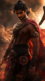 Warrior in ornate armor with fiery sky backdrop.