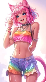 Bright anime catgirl with pink hair and rainbow outfit.