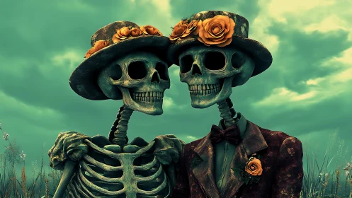 Elegant skeleton couple shares a timeless, dapper moment together