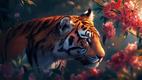 Golden light settles gently on a tiger among soft blossoms