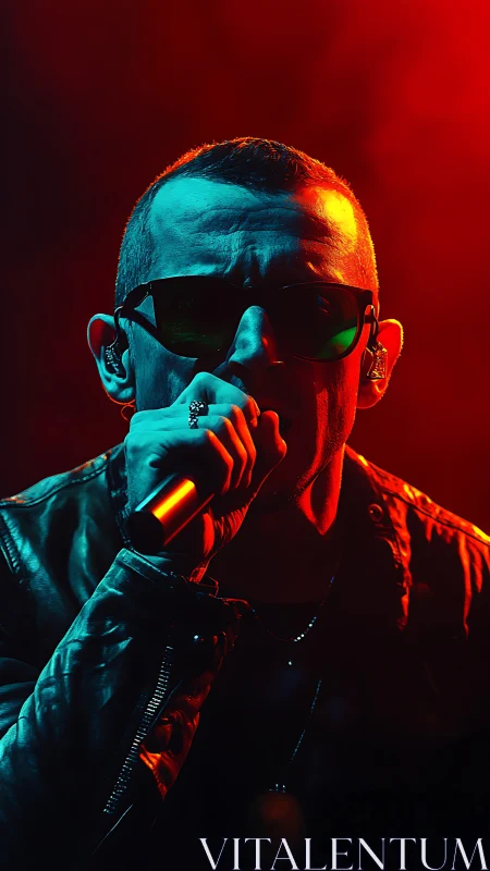 Singer grips microphone under intense red blue stage light