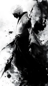 Monochrome ink figure with dissolving silhouette profile.