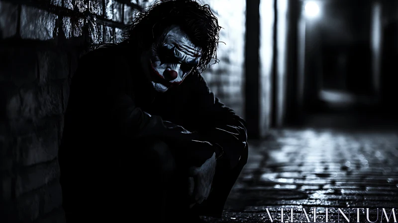 Sad clown crouches alone in a dimly lit urban alleyway.
