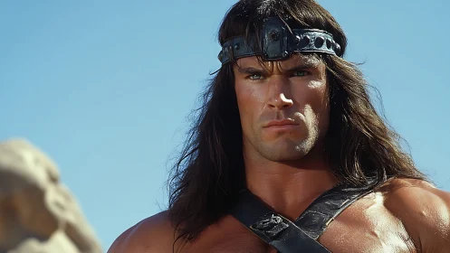 Fantasy warrior portrait under clear blue sky.