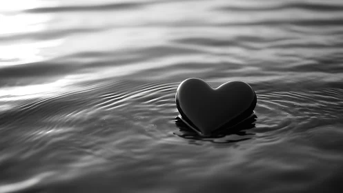 Monochromatic Heart Form Floating in Rippling Water Environment.