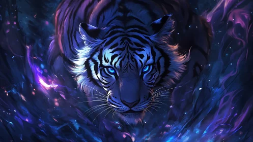 Mystic blue tiger walks through swirling cosmic night light