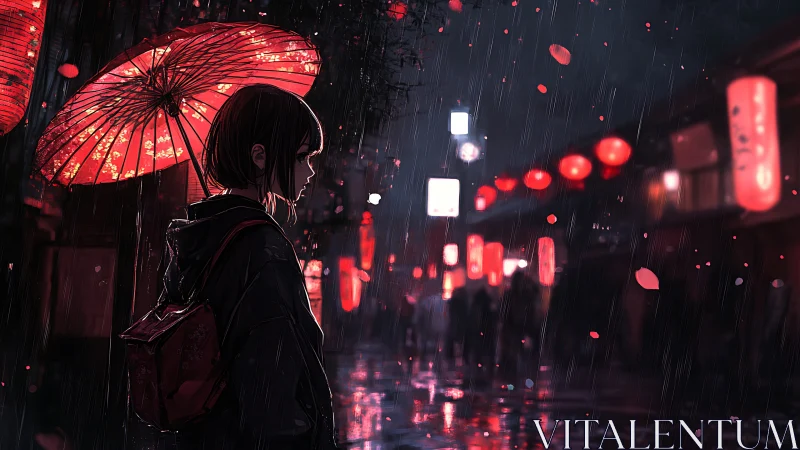 Girl under red umbrella in neon lit rainy night street.