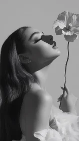 Side profile female figure with single flower stem held upright.