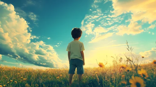 Child gazes toward a glowing summer horizon in wildflower field