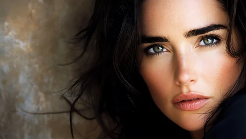 Close-up portrait of woman with intense direct gaze.