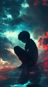 Solitary boy silhouette under storm-lit cyan red sky.