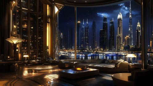 Skyline lounge drifting above a sapphire neon waterfront.