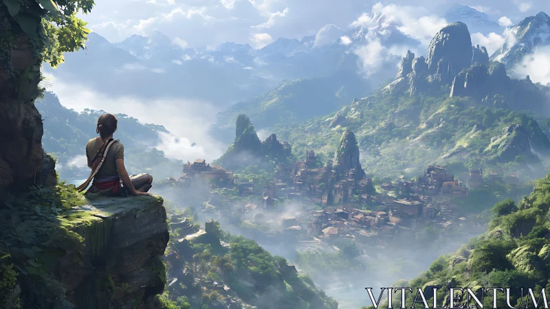 Figure on cliff overlooking misty valley city and mountains.
