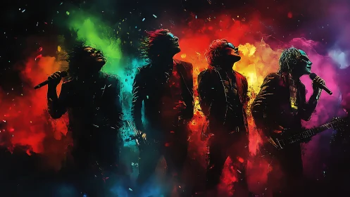 Digital silhouettes of four musicians stand amid colored smoke