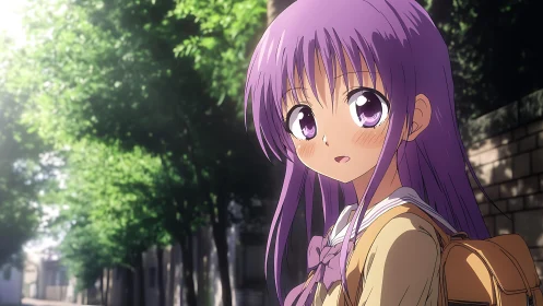 Soft sunlight follows a shy anime girl on a quiet street walk