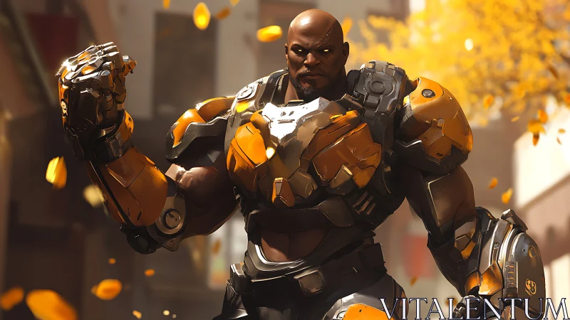 Armored cybernetic soldier in orange exosuit outdoors.