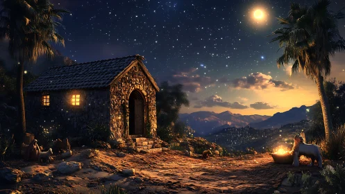 Starlit stone cottage and manger under glowing desert sky.