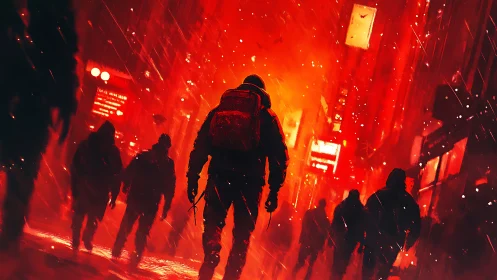 Lone hooded figure advances through a neon-red urban inferno