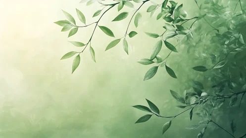 Sunlit green leaves drift softly across blurred forest haze.