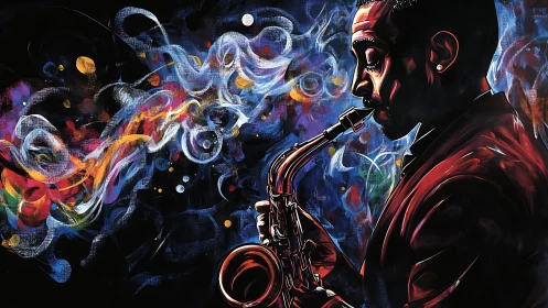 Jazz saxophonist in high-contrast digital brushwork visualizing sound