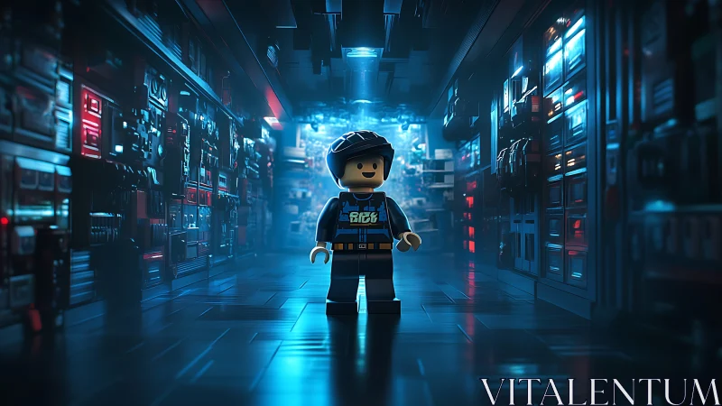Lego-style figure in blue lit sci fi corridor environment.
