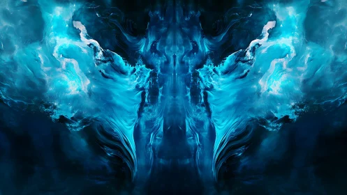 Symmetrical blue nebula swirls form mirrored abstract vortex