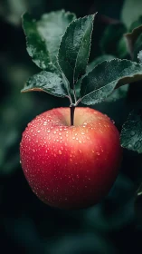 Morning-kissed red apple glows softly on a leafy branch