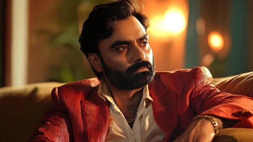 Thoughtful man resting in warm golden evening light.