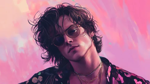 Portrait shows young person with sunglasses against pink field