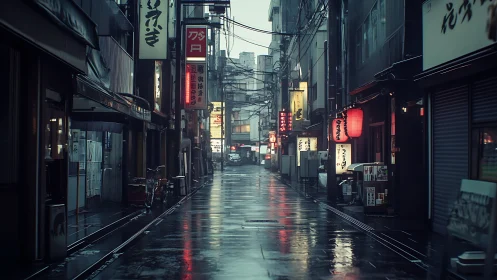 Quiet rainy alleyway glowing with gentle lantern light.