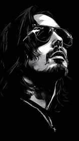 High-contrast ink portrait with cinematic upward perspective.