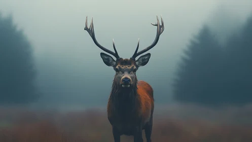 Red deer stag stands in misty forest clearing at dawn.