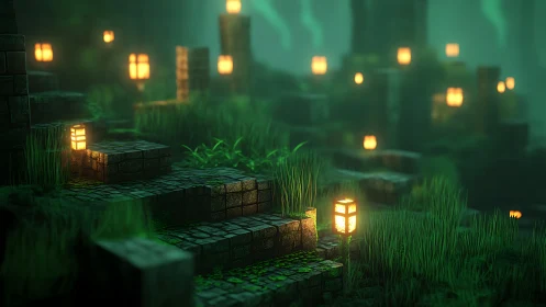 Emerald stone ruins glow with misty lantern light at dusk.
