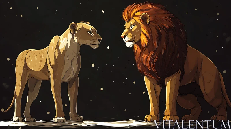 Digital Vector Illustration: Male and Female Lion Figures in Nocturnal Setting