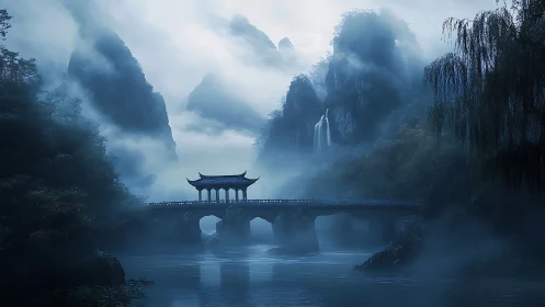 Misty river bridge under sheer mountains and falling water.