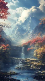 Autumn mountain valley with cascading waterfalls and river.