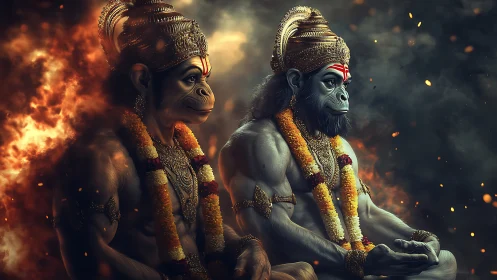 Mythic ape warriors seated in firelit ceremonial scene.