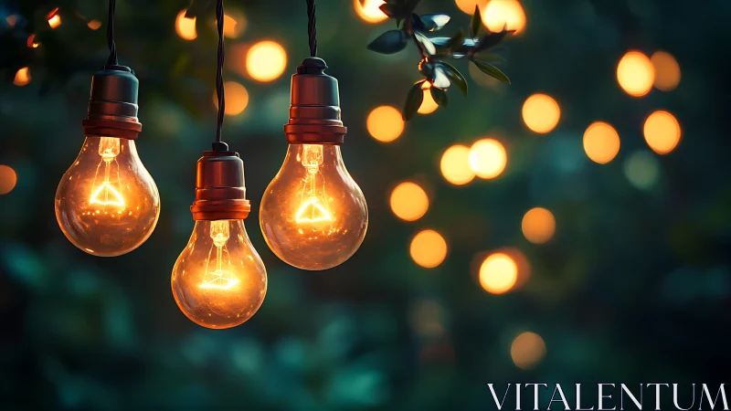 Glowing string bulbs cast warm light in a dreamy garden evening