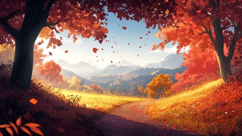 Golden autumn path opening toward peaceful mountain views.